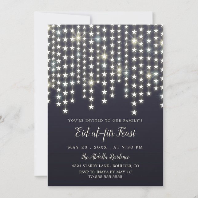 Star String Lights Dark Blue Eid Feast Invitation (Front)