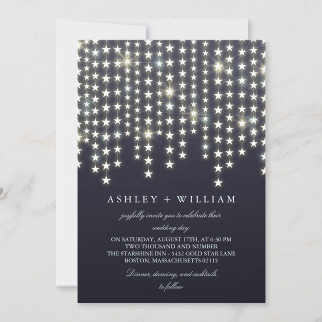 Star String Lights Dark Blue Evening Wedding Invitation (Front)