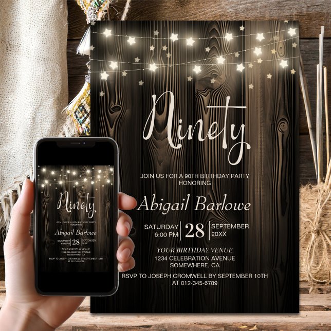 Star String Lights Wood 90th Birthday Party Invitation (Creator Uploaded)