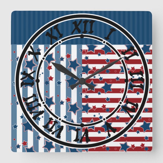 Star striped pattern in red and blue tones throw p square wall clock (Front)