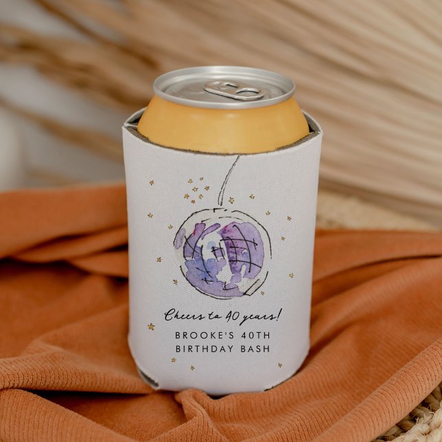 Star Studded Disco Ball Watercolor Birthday Party Can Cooler (Purple disco ball watercolor illustration birthday party personalized can cooler.)