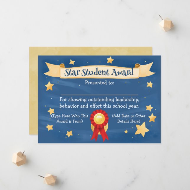 Star Student Award Certificate School Kids 8.5x11 Announcement (Front/Back In Situ)