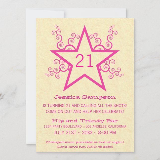 Star Swirls 21st Birthday Party Invitation, Pink Invitation (Front)