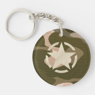 Star Tag on Burlap Camouflage Style Key Ring