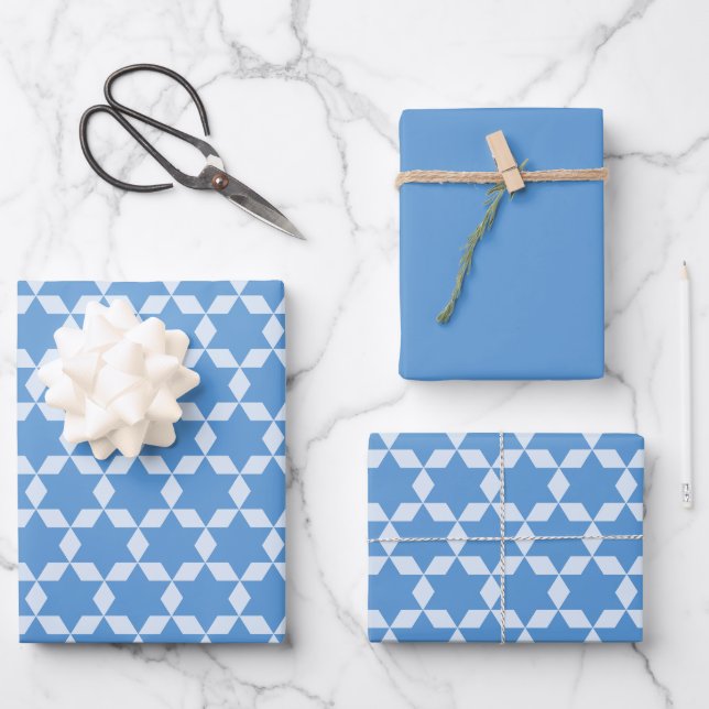 Star Tiles Geometric Hanukkah Pattern Blue Wrapping Paper Sheet (Front)