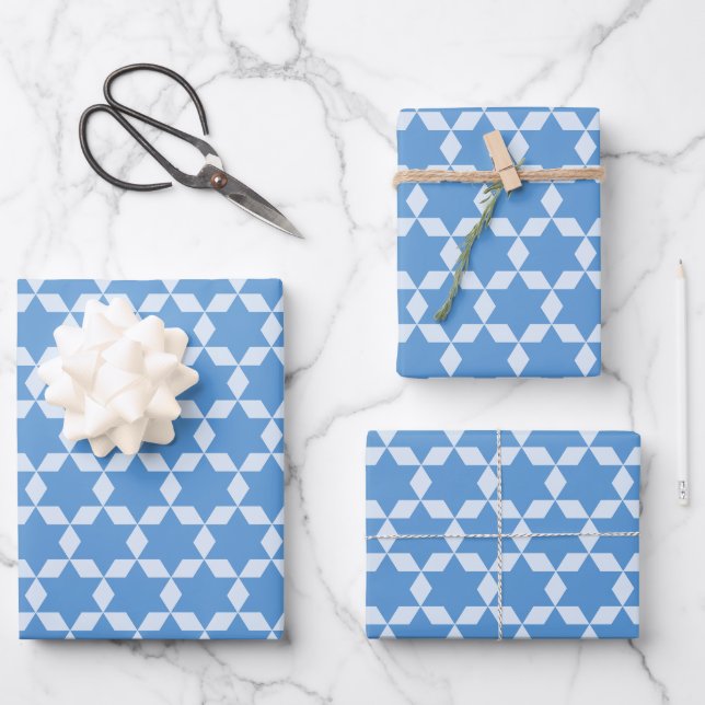 Star Tiles Geometric Hanukkah Pattern in Blue Wrapping Paper Sheet (Front)