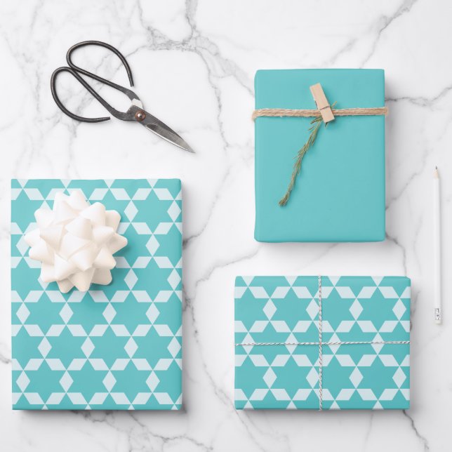 Star Tiles Geometric Pattern Turquoise Wrapping Paper Sheet (Front)