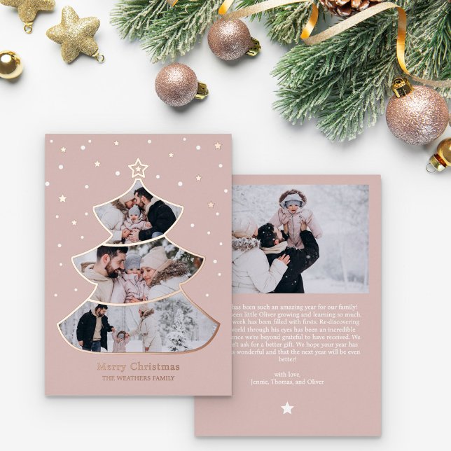 Star-Tipped Tree Rose Gold Merry Christmas Photo Foil Holiday Card (Creator Uploaded)