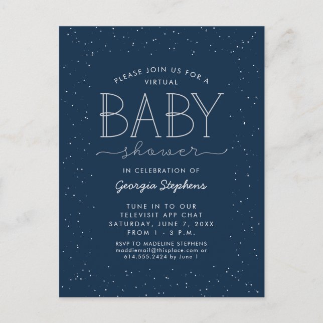 Star virtual baby shower navy invitation postcard (Front)