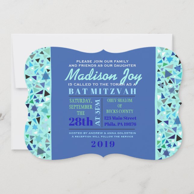 STAR WALL Bar Bat Mitzvah Invitation Aqua (Front)