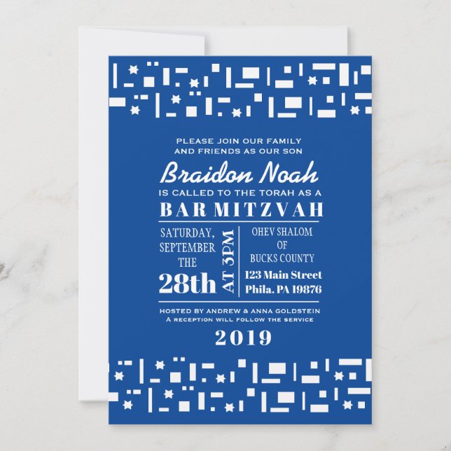 STAR WALL Bar Bat Mitzvah Invitation in Blue (Front)