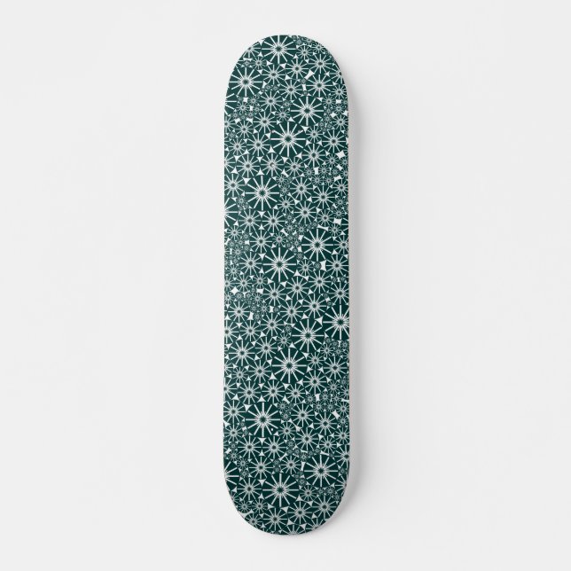 Star Wheel Abstract - Dark Green on White Skateboard (Front)