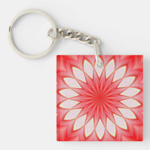 Star White And Red Kaleidoscope Floral Mandala Key Ring