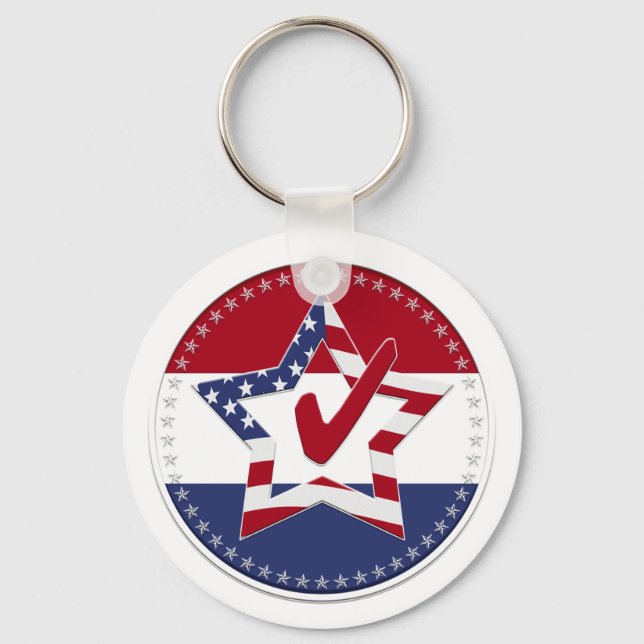 Star with US Flag, Red Check & 50 Stars - round Key Ring (Front)