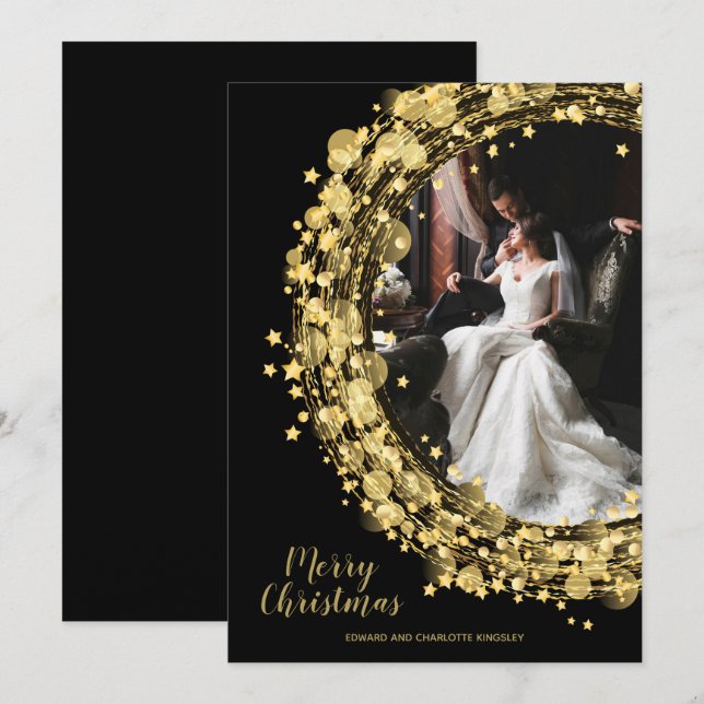 Star Wreath on Black Photo Christmas Holiday Card (Front/Back)