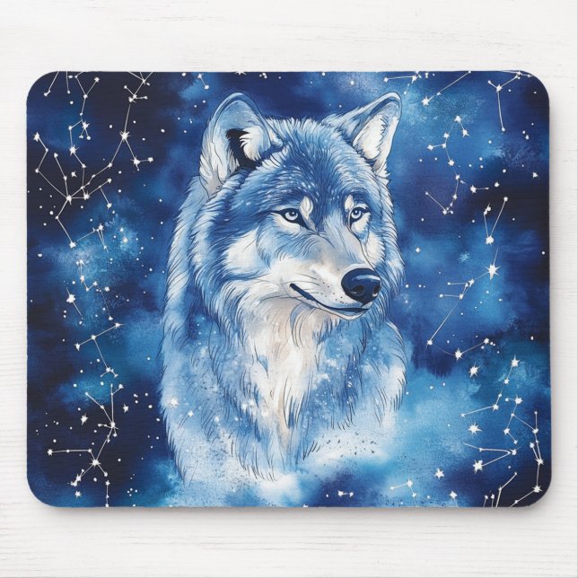 Starbound Blue Wolf Celestial Constellation Mouse Mat (Front)