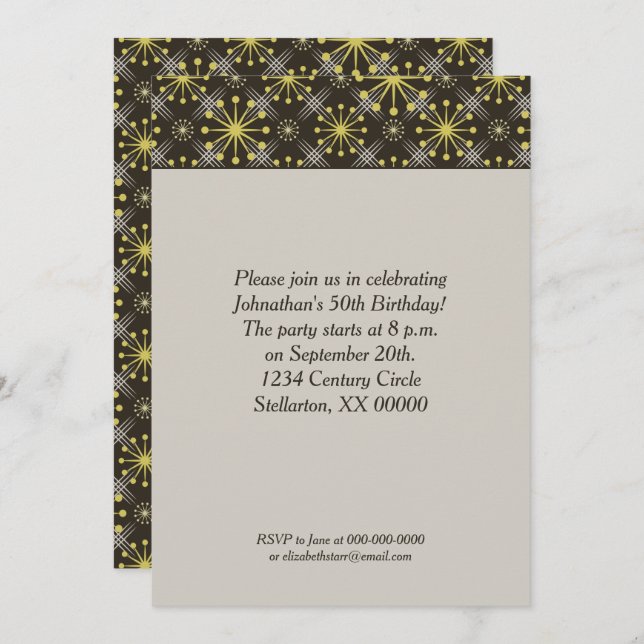 Starburst and Lines Mid Century Brown Retro Invitation (Front/Back)