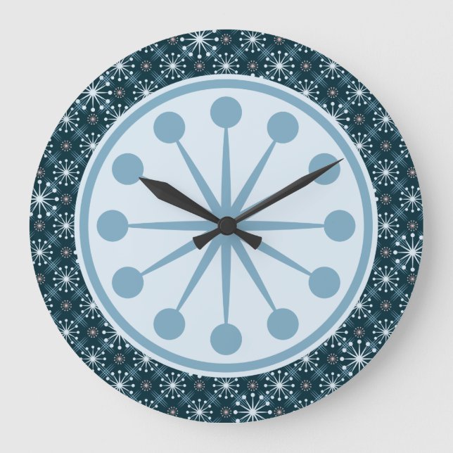 Starburst and Lines Mid Century Pattern Blue Large Clock (Front)