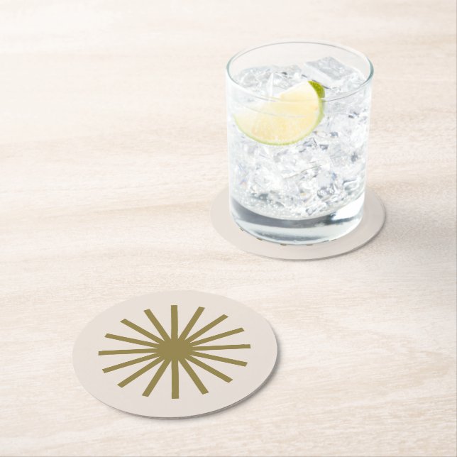 Starburst Gold & Linen White Round Paper Coaster (Insitu)