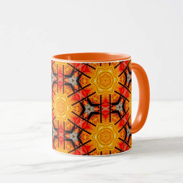 Starburst Mandala Mug with Vibrant Orange Interior (Front Right)
