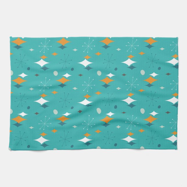Starburst Mid Century Modern Pattern in Teal  Tea Towel (Horizontal)