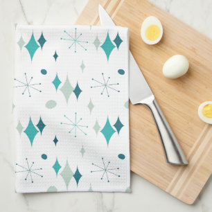 Starburst Mid Century Modern Pattern Teal Aqua Tea Towel