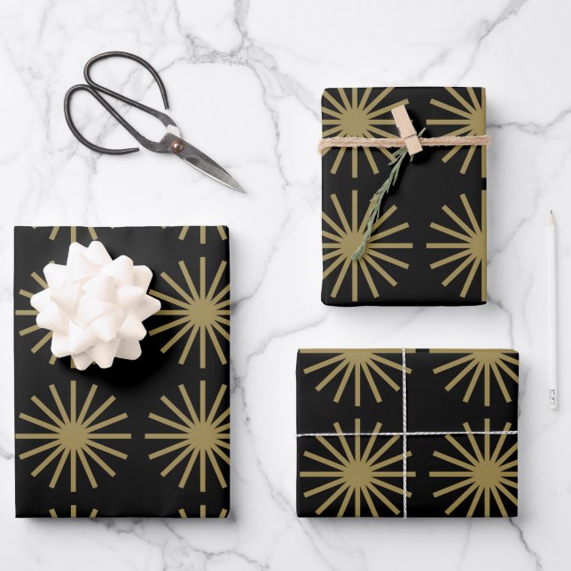 Starburst Pattern Black and Gold Wrapping Paper Sheet (Front)