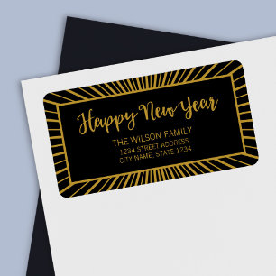 Starburst Script Black Happy New Year Address Label