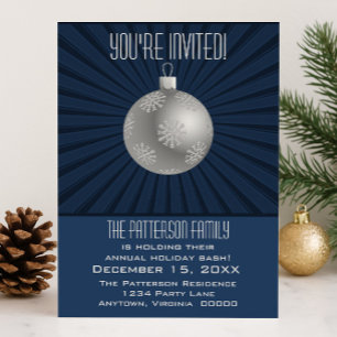 Starburst Stripes Ornament Holiday Party Dark Blue Invitation