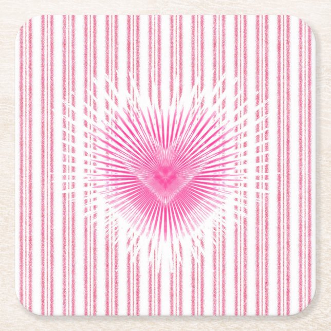 Starburst Valentine Heart on Soft Pink Stripe Square Paper Coaster (Front)