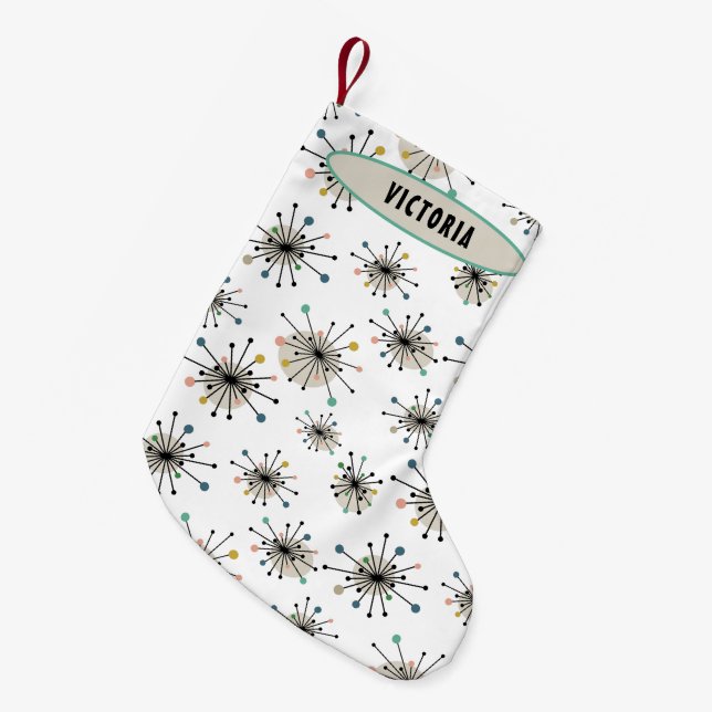 Starburst With Name Mid Century Modern Holiday Small Christmas Stocking (Front (Hanging))