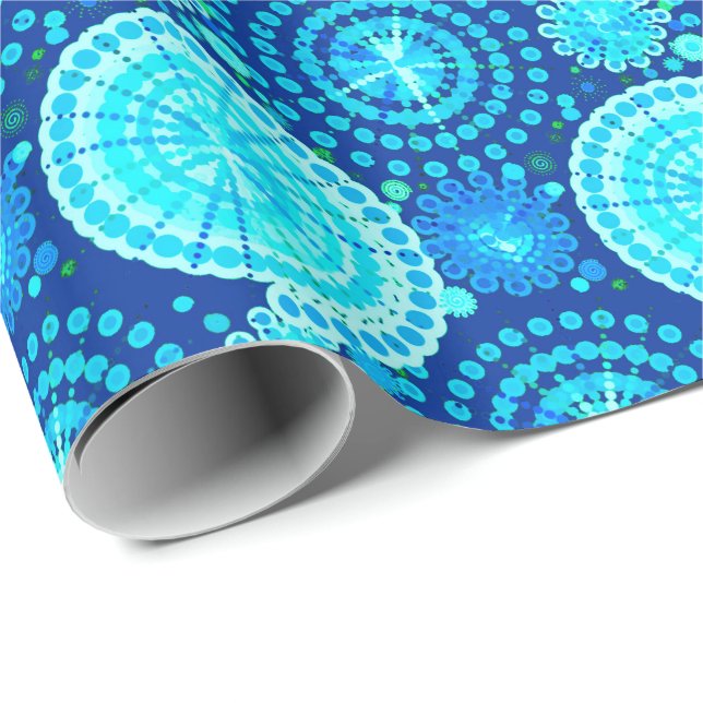 Starbursts and pinwheels, cobalt blue and aqua wrapping paper (Roll Corner)