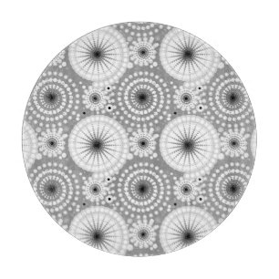 Starbursts and pinwheels, grey, black and white cutting board
