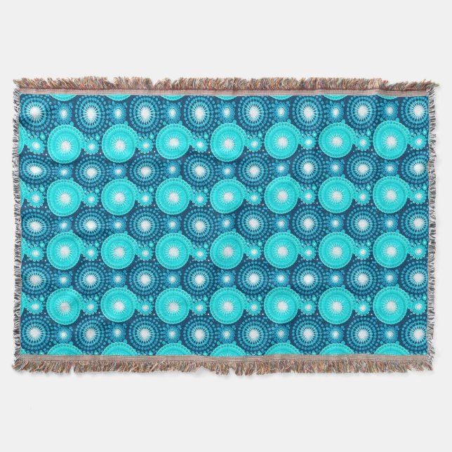 Starbursts and pinwheels, indigo and turquoise throw blanket (Front)