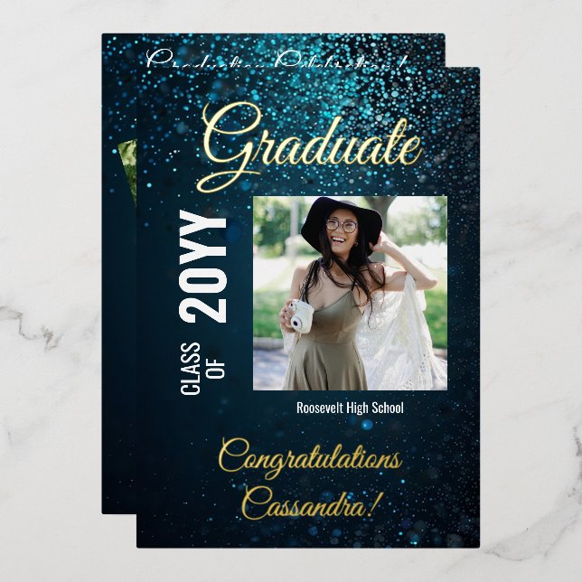Stardust Blue Modern Square Photo Graduation Party (Front/Back)
