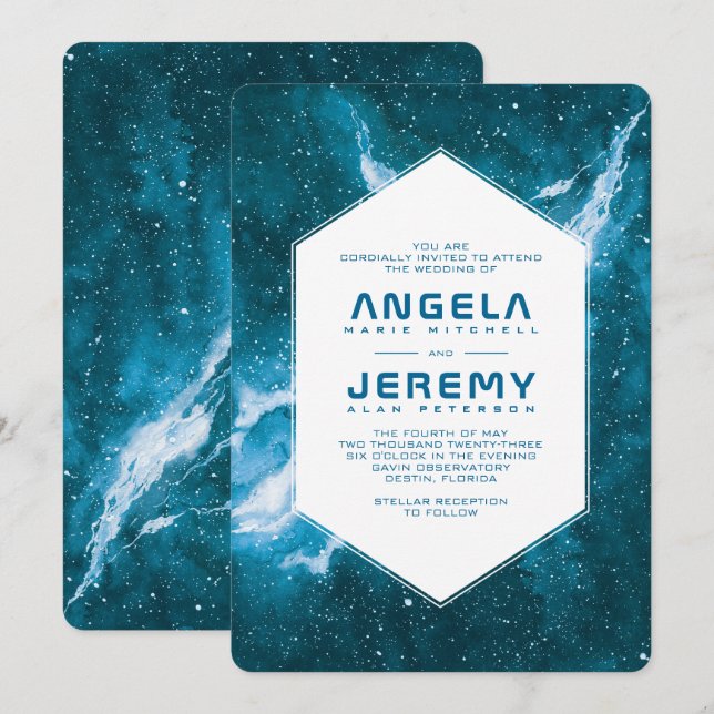 Stardust Cosmic Teal Blue Wedding Invitation (Front/Back)