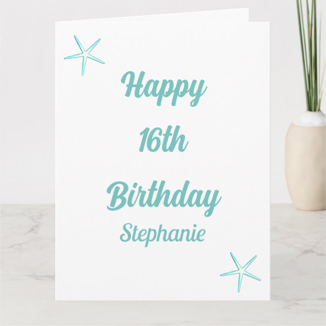 Starfish 16th Birthday Sixteen Teal Blue Name 2024 Card (Front)