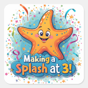 Starfish 3rd Birthday Making a Splash at 3 Square Sticker