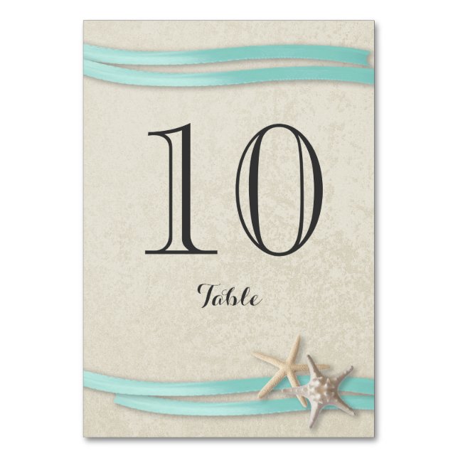 Starfish and Aqua Ribbon Table Number Card (Front)