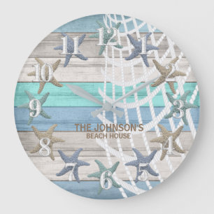 Starfish and Beach Wood Nautical - Blue Teal  Large Clock
