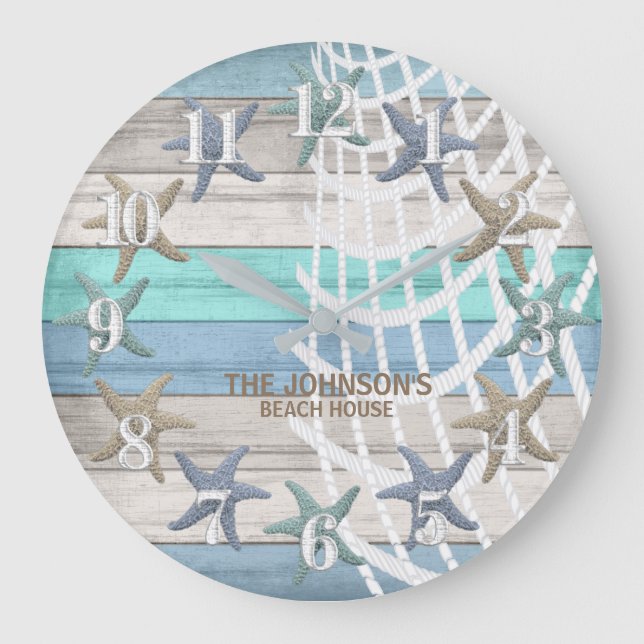 Starfish and Beach Wood Nautical - Blue Teal  Large Clock (Front)