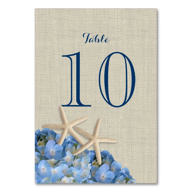 Starfish and Blue Hydrangea Table Number Card (Front)
