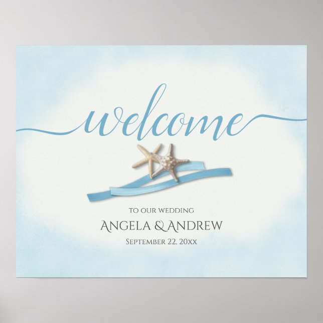 Starfish and Blue Ribbon Wedding Welcome Sign (Front)