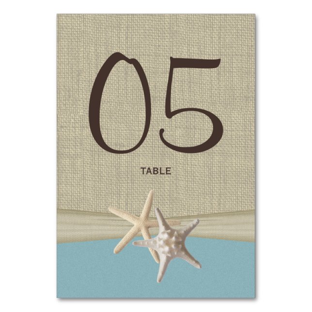 Starfish and Burlap Blue Table Number Card (Front)