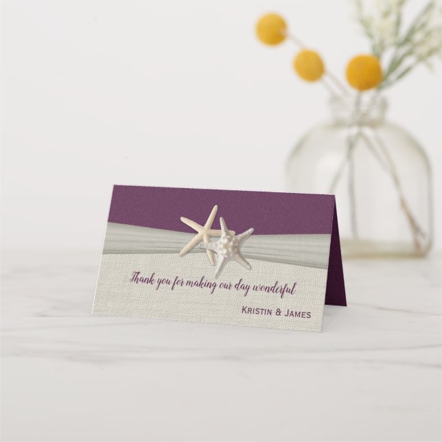 Starfish and Burlap Eggplant Wedding Seating Place Card (Front)