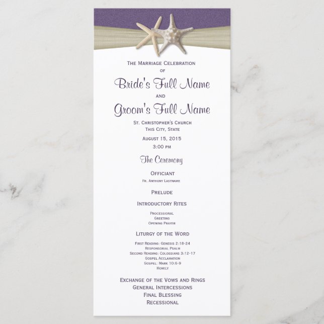 Starfish and Burlap Purple Beach Wedding Program Programme (Front)