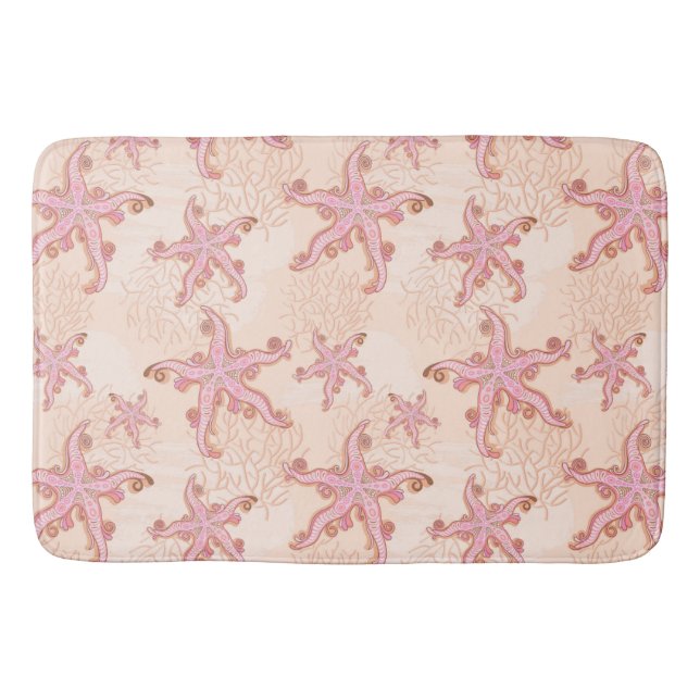 Starfish and Coral Pink Pastel Pattern Bath Mat (Front)