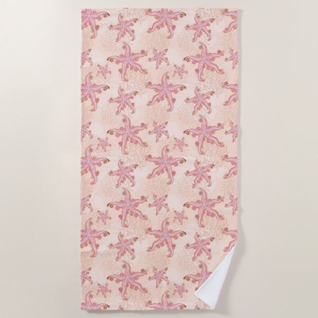 Starfish and Coral Pink Pastel Pattern Beach Towel (Front)