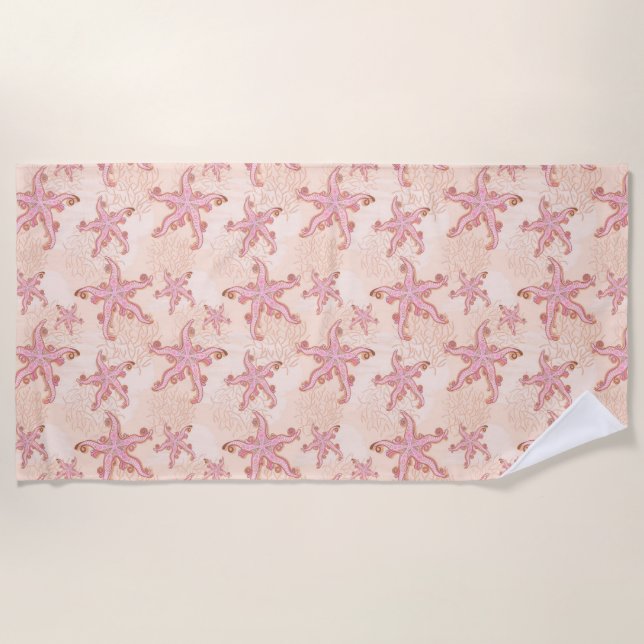 Starfish and Coral Pink Pastel Pattern Beach Towel (Front)