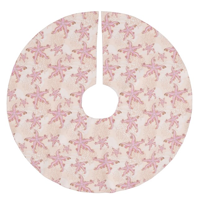 Starfish and Coral Pink Pastel Pattern Brushed Polyester Tree Skirt (Front)